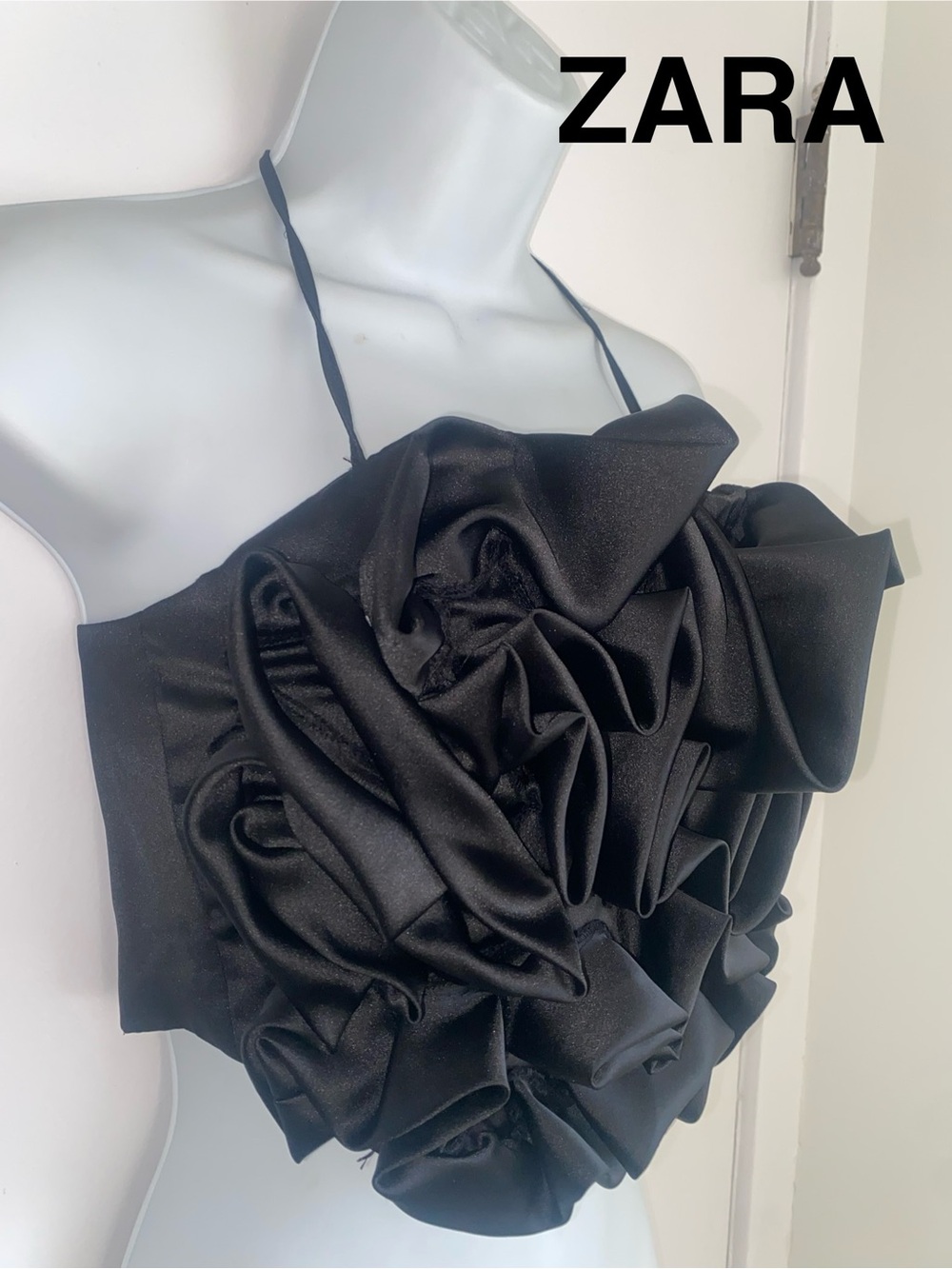 ZARA Black Satin Ruffle Halter Crop Top - Size XS - NEW